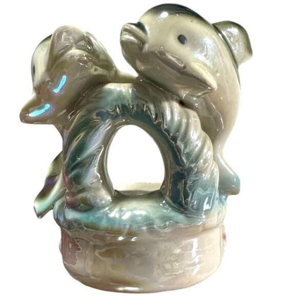 Vintage Iridescent Lustreware Ceramic Blue Dolphins on Trinket Bowl 1960s‎